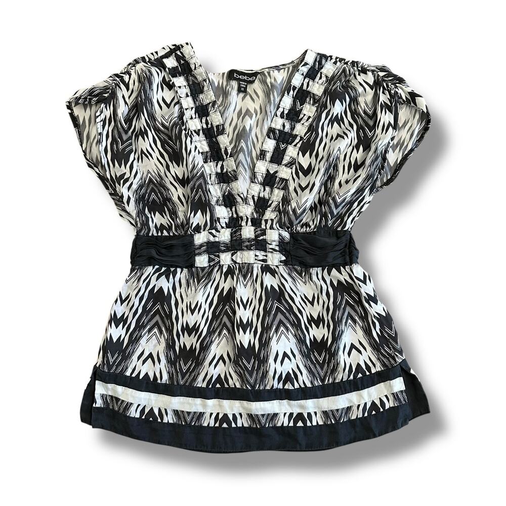 Bebe Silk Kimono Dolman Sleeve Blouse Womens Size XS‎ Black White Y2K